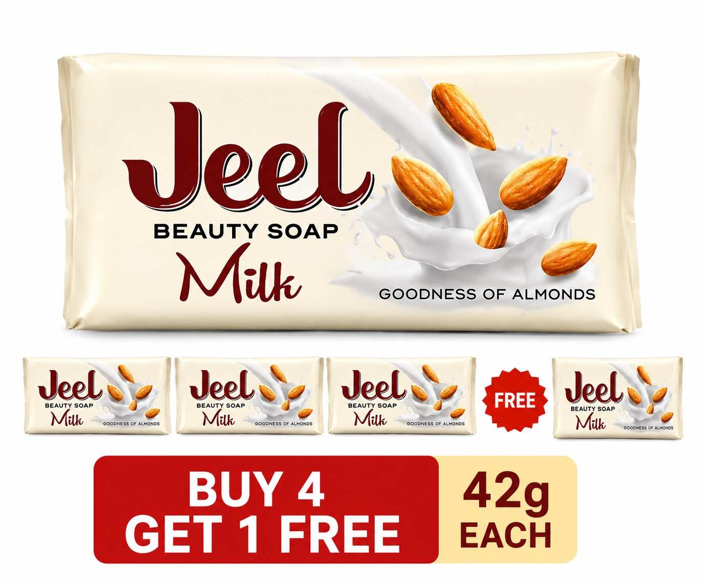 JEEL Milk Almond Bath Soap 42GM (Pack of 5) | Buy 4 Get 1 Free