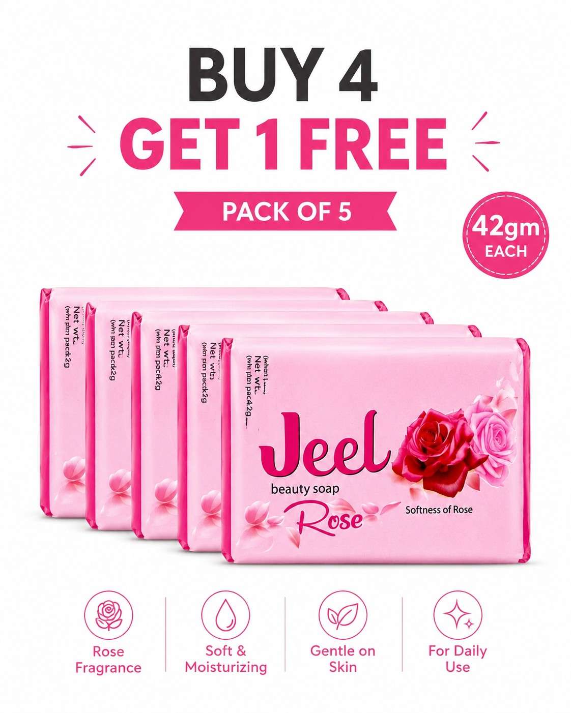 JEEL Rose Bath Soap 42GM (Pack of 5) BUY 4 GET 1 FREE